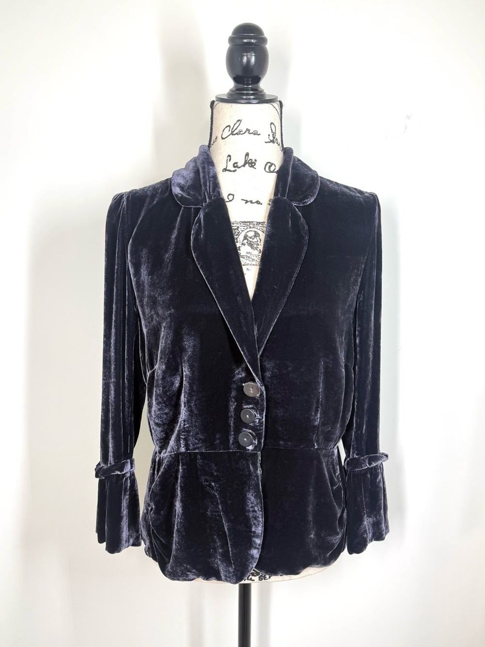 Vintage Ghost London Crushed Velvet Blazer Jacket Blue Black Large Whimsygoth